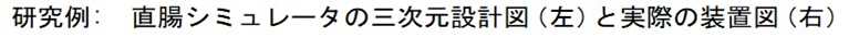 研究例:　直腸シミュレータの三次元設計図（左）と実際の装置図（右）